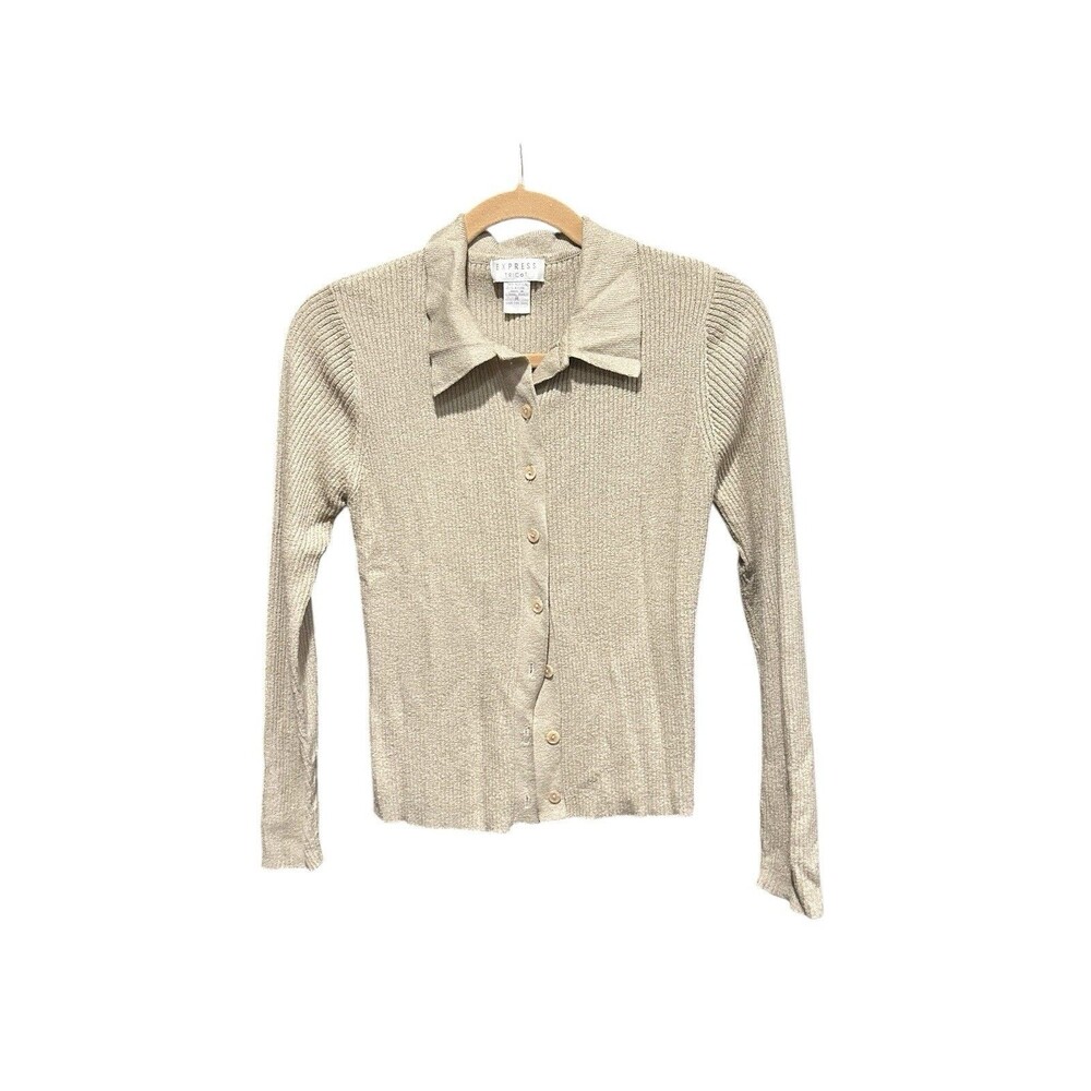 Express Tricot Cardigan Vintage Button down 90s Tan Preppy Collar Retro Medium